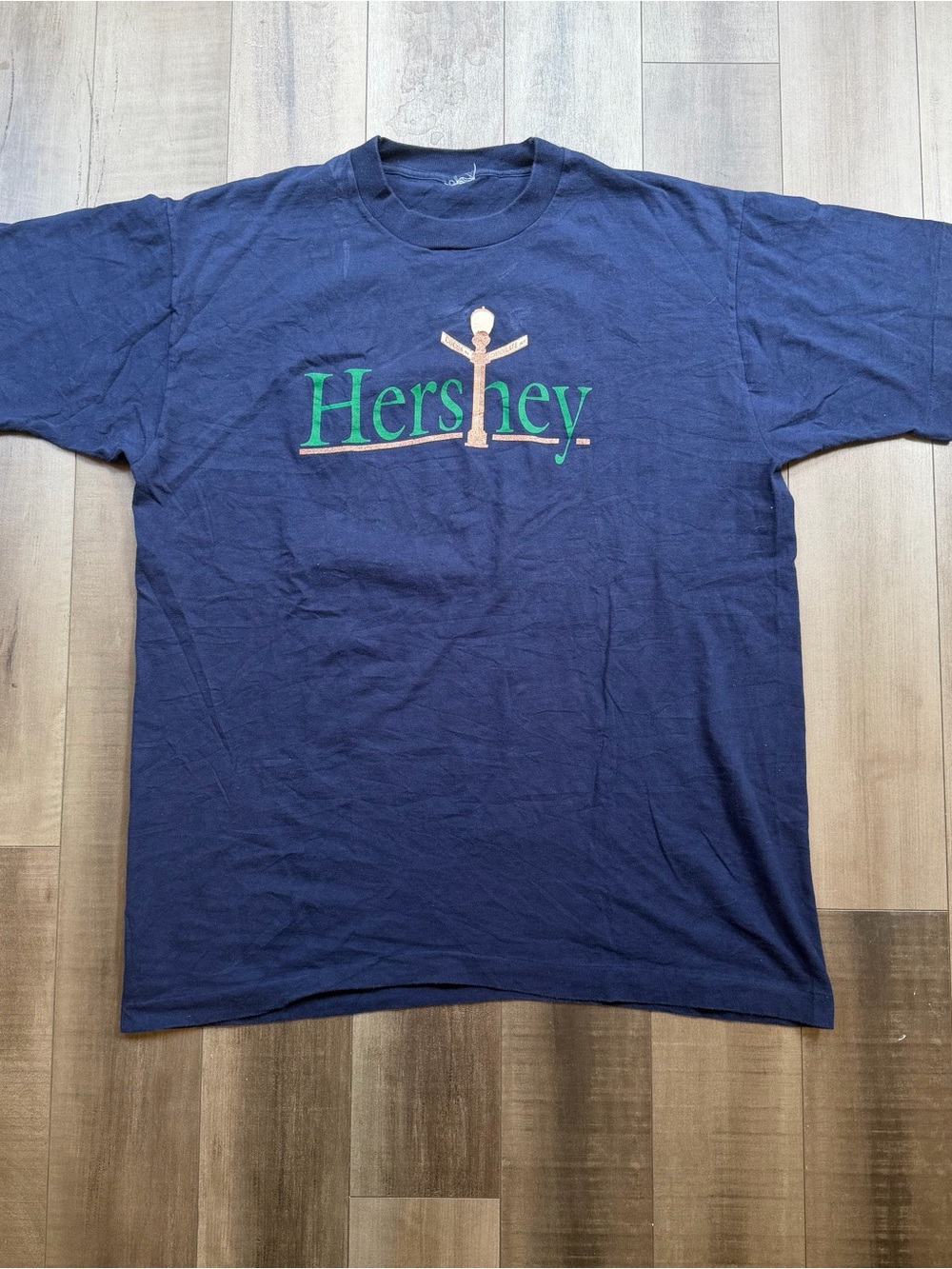 Vintage 90s Hersheys Chocolate Avenue Graphic Shirt Navy Single Stitch Sz XL
